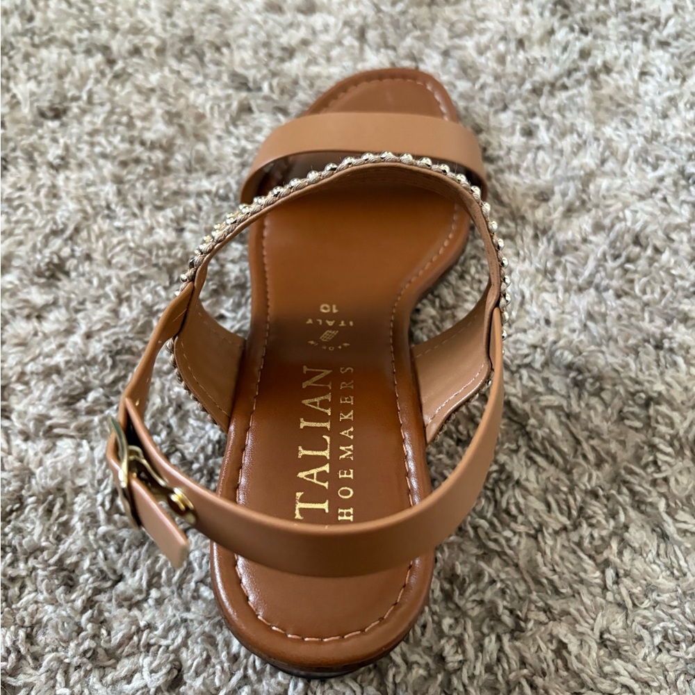 Italian Shoemakers Tan Braided Espadrille Slingback Sandals with Gold Trim - Picture 7 of 8